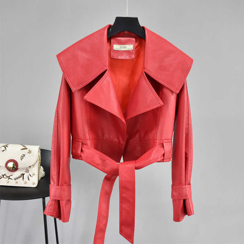 FTLZZ Autumn Women Pu Leather Jackets Short Coat Turndown Collar Belt Lace-up Motorcycle Black Punk Red Overcoat Female Outwear 210909