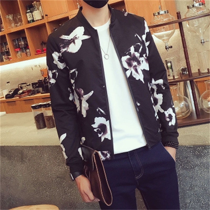 Spring Autumn Hip Hop Jacket Men Slim Fit Flowers Pilot Bomber Jacket Men's Stand Collar Coats Male Clothing USA Size 5XL T200319