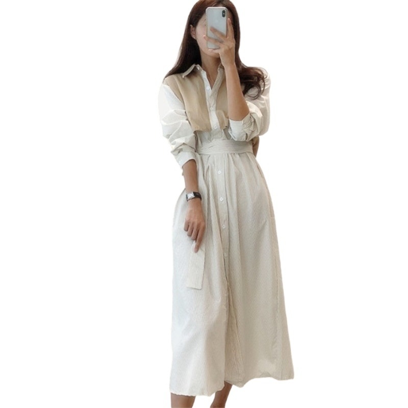 Single Breasted Long Sleeve Shirt Dress Spring Summer Patchwork Striped Large Size Dresses With Bandage Female 2D1747 210526