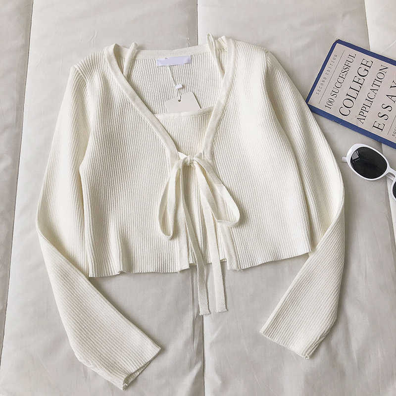 Kimutomo Casual Fasion 2 Piece Set Women Solid V-neck Long Sleeve Lace Up Short Knitted Cardigan and Camis Knitwear Elegant 210707