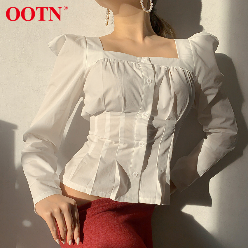 OOTN Square Neck White Shirt Female Pleated Tunic Women Blouse Elegant Puff Sleeve Top Black Office Ladies Blouse Cotton Blue 210225