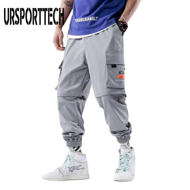 Korean Hip Hop Mens Jogger Pants Men Spring Casual Detachable Zip Short Pants Baggy Cargo Pants Men Streetwear 3 Colors 210528