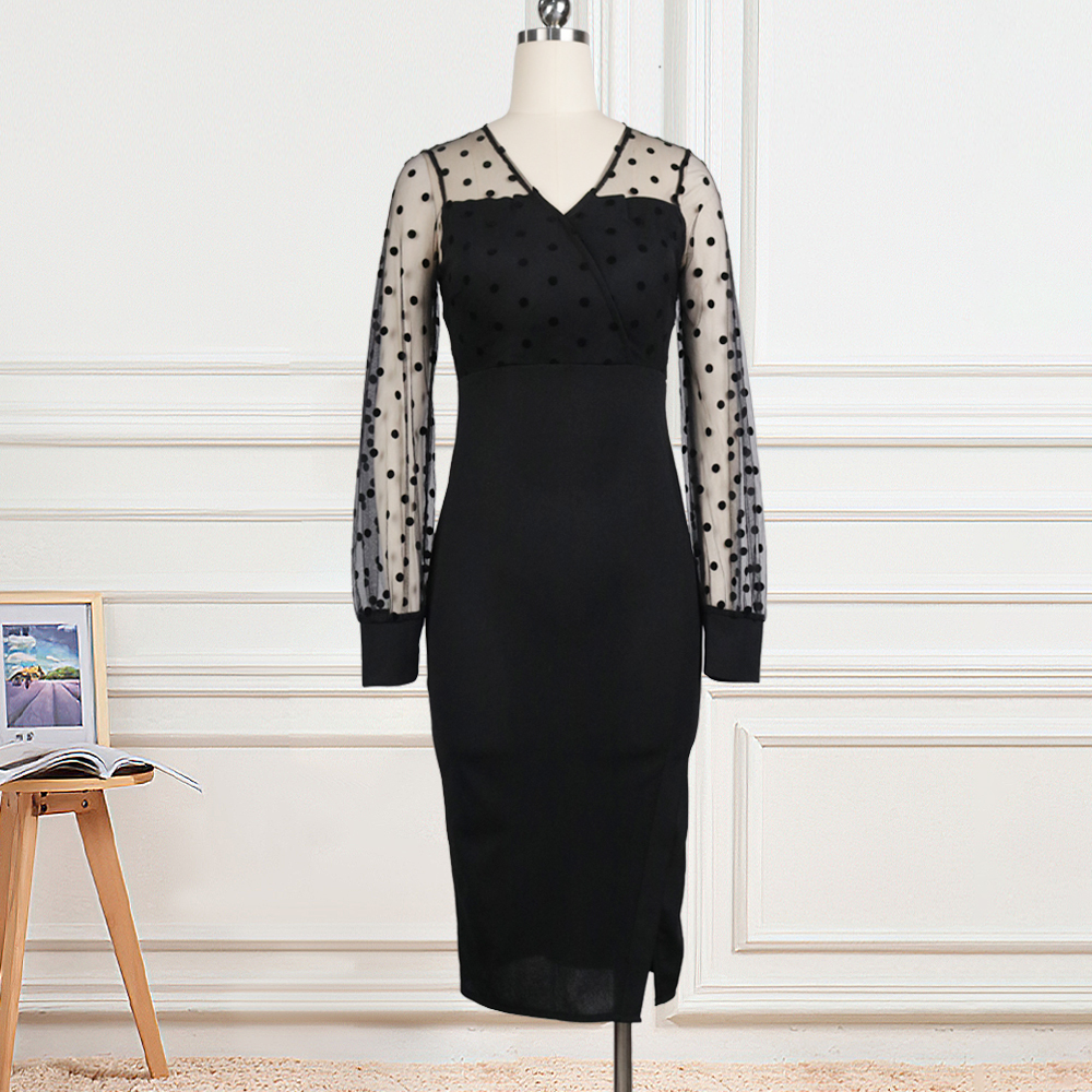Women Sheer Long Sleeves Polka Dot Bodycon Dress Office Ladies Slim See Through Women Vestido African Modest Celebrate Occassion 210309