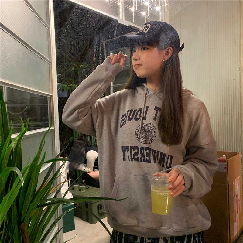 Letter Print Sweatshirt Vintage Women Hoodies Gray Cotton Warm Fleece Winter Pullovers Autumn Casual Streetwear Girls 210816