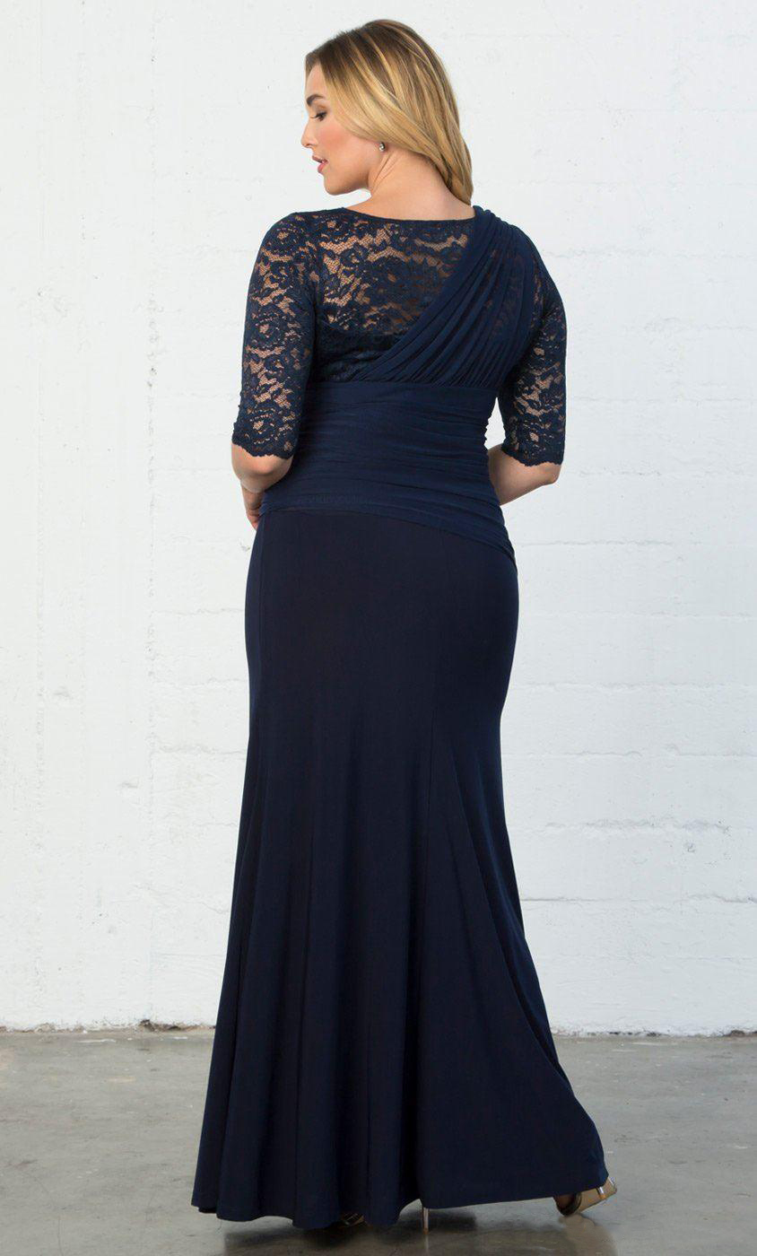 2021 Elegant Navy Blue Plus Size Lace Dresses With Half Sleeves V-Neck Evening Gowns Mermaid Floor Length Chiffon Formal Dress 0509