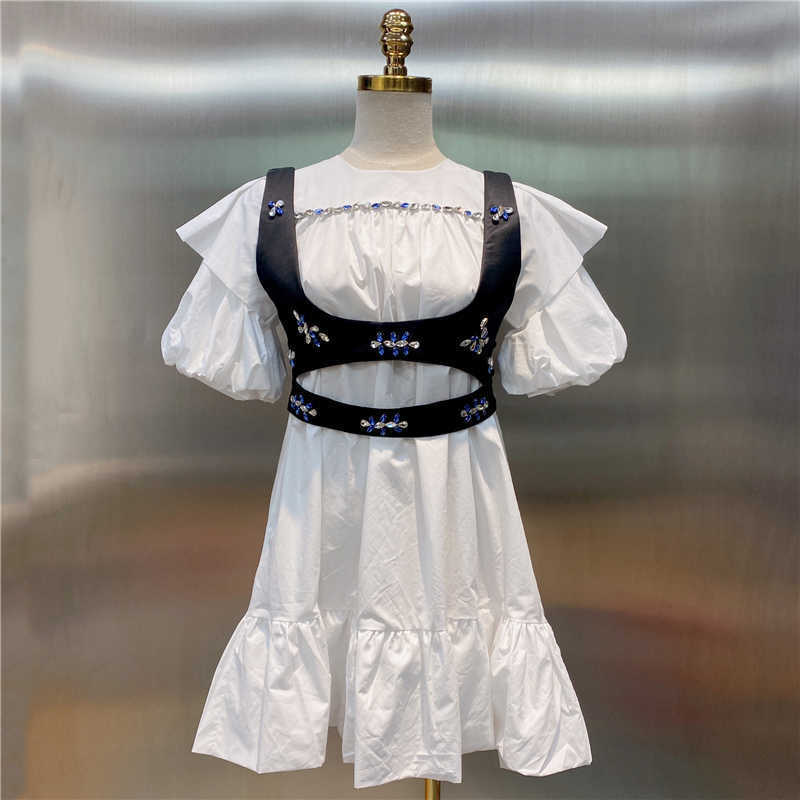 DEAT Women ruffles Dress Round Neck Short puff sleeve Arrivals Lady temperament Fashion Spring Summer 11D985 210709