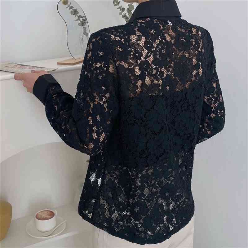 Elegant Women Black Hollow Out Shirts Fashion Ladies Floral Lace Tops Sweet Female Chic Slim Turn Down Collar Shirt 210527