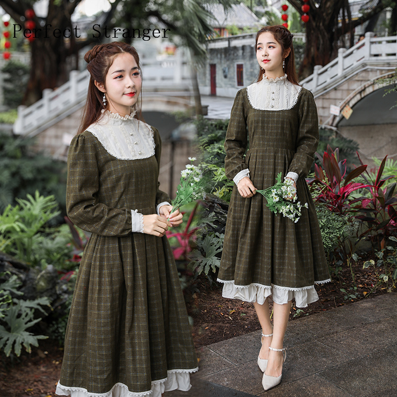 Autumn Winter New Arrival Retro High Quality Princess Style Plaid Stand Collar Flower Embroidery Woman Long Cotton Dress 201008