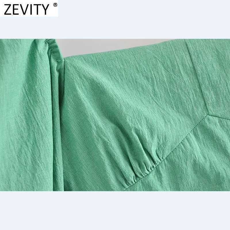 Zevity Women Vintage Puff Sleeve Square Collar Green Short Blouse Femme Sexy Backless Lace Up Shirt Chic Blusas Crop Tops LS9286 210603