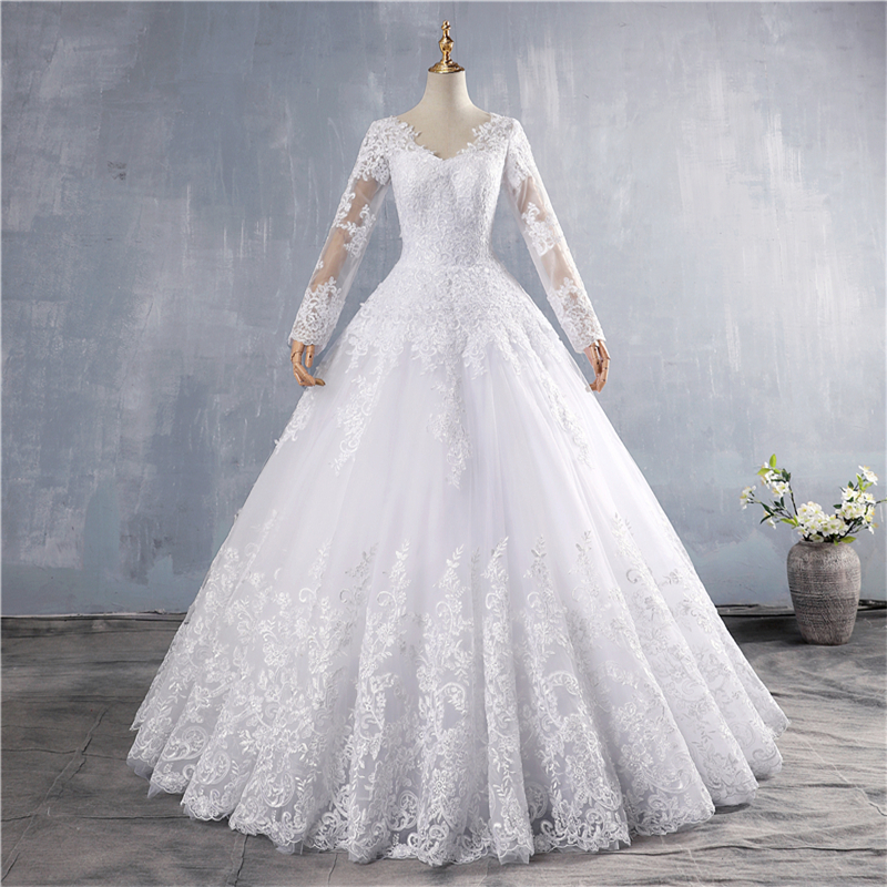 ZJ9160 Ivory lace Long Sleeve Wedding Dress V Neck Appliques Plus Size Bridal Gowns Sheer Bride Dresses Custom Design
