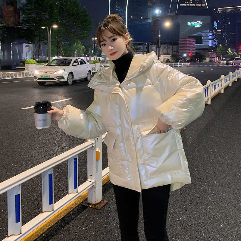 LY VAREY LIN Winter Sweet Glossy Cotton Coat Women Stand Collar Candy Big Pocket Long Sleeve Solid Loose Padded Jackets 210526