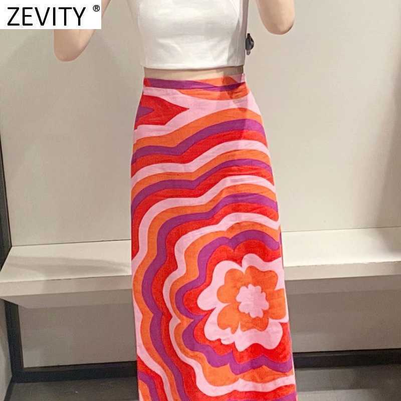 Zevity Women Vintage Striped Floral Print Casual A Line Midi Skirt Faldas Mujer Female Chic Back Zipper Split Vestido QUN777 210603