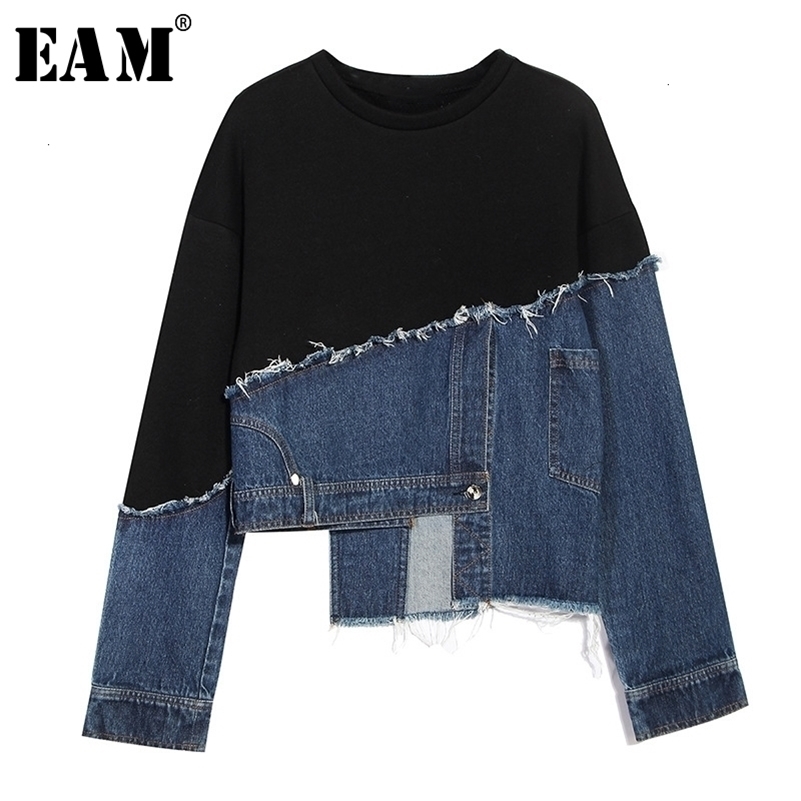 [EAM] Loose Fit Black Denim Burr Split Joint Sweatshirt New Round Neck Long Sleeve Women Big Size Fashion Tide Spring LJ201130