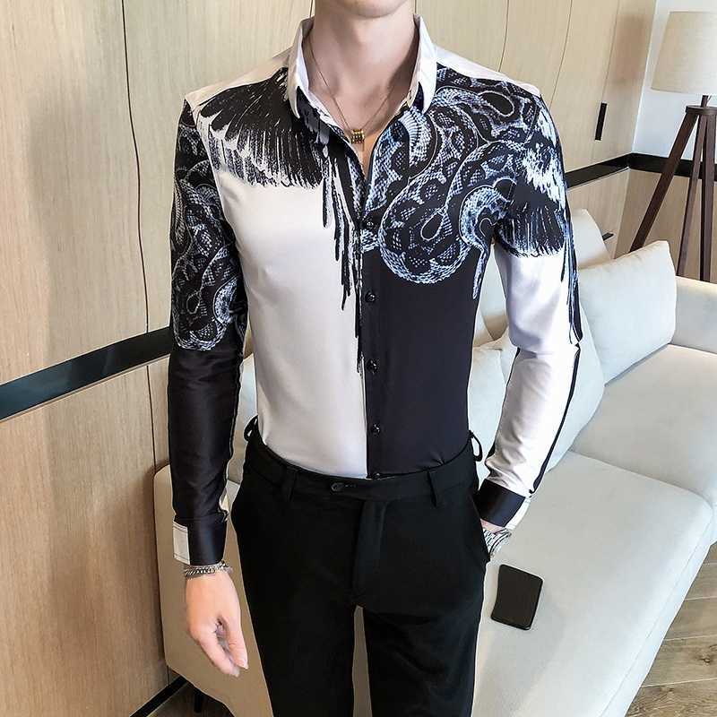 Fashion Patchwork Color Shirt Men Casual Autumn Winter Long Sleeve Tuxedo Slim Fit Digital Print Blouse Clothing 210721