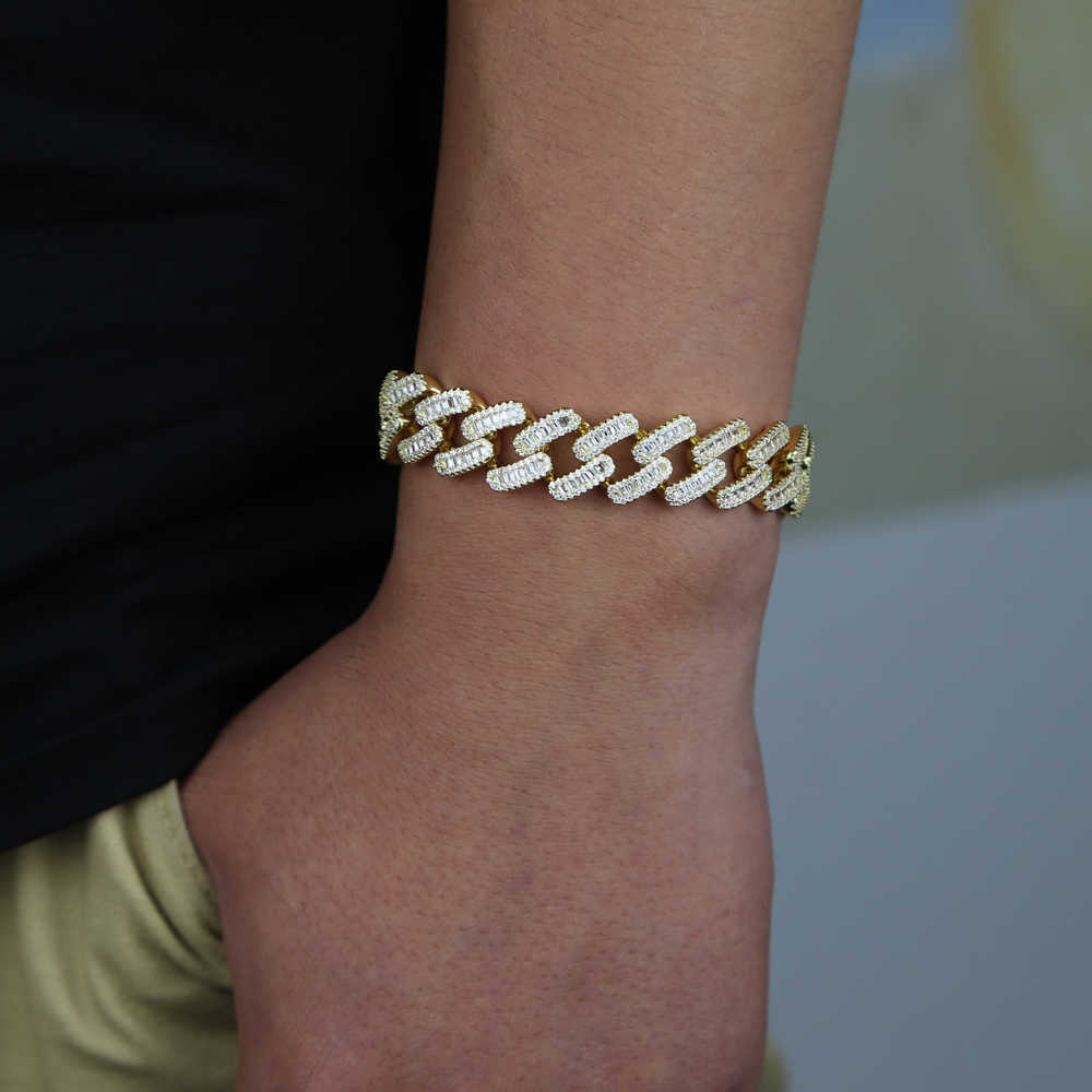 15mm width 5A iced out bling baguette cz cuban link chain bracelet for men Gold color hiphop jewelry 210609