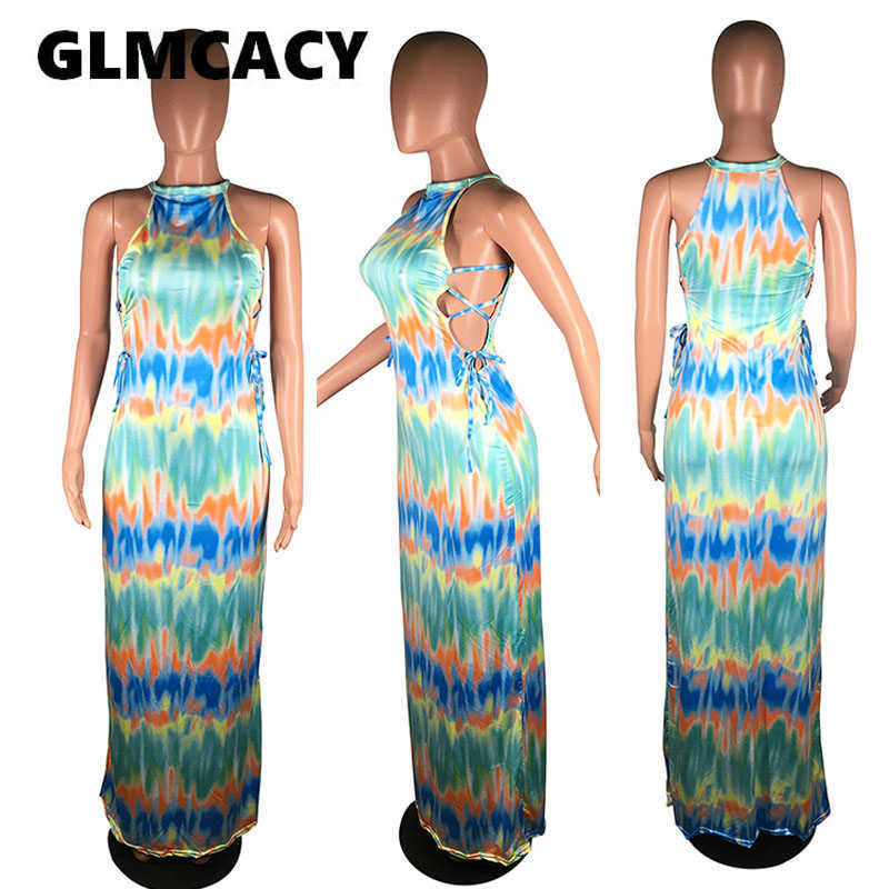 Women Plus Size Tie Dye Printed Halter Maxi Dresses Stretch Sexy & Club Dresses 210702