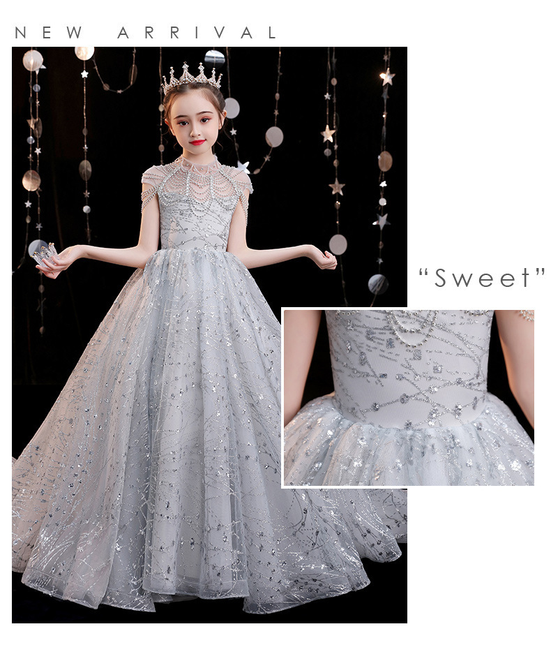 Sliver Vintage Flower Girls' Dresses Ivory Baby Infant Toddler Baptism Clothes with High Neck Long Lace Tutu Ball Gowns Birthday Party Dress