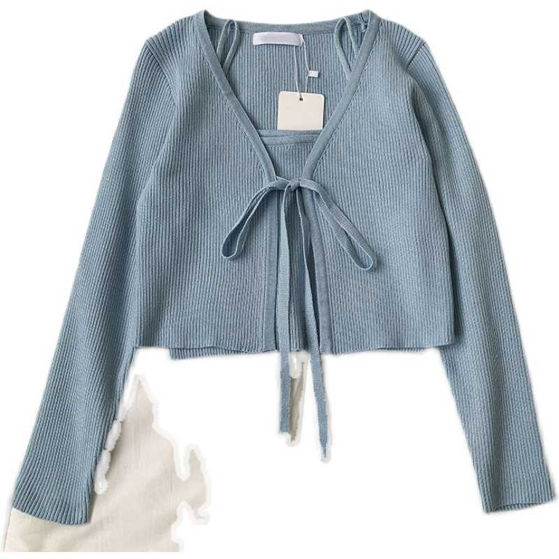 Kimutomo Casual Fasion 2 Piece Set Women Solid V-neck Long Sleeve Lace Up Short Knitted Cardigan and Camis Knitwear Elegant 210707