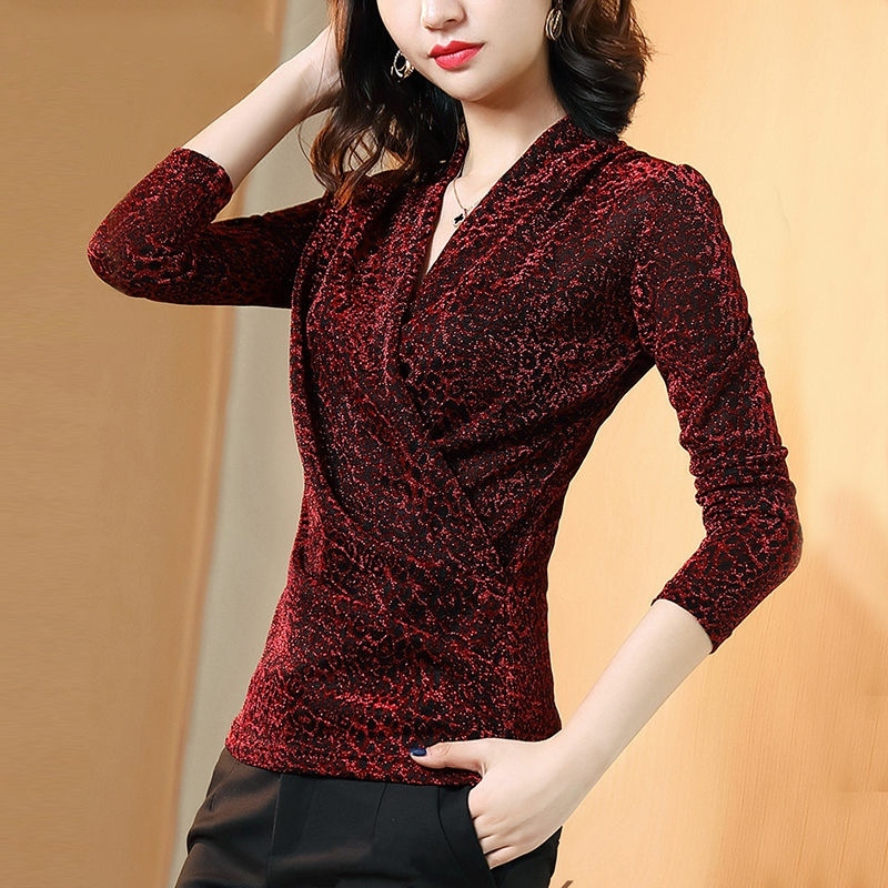 Women's Spring Autumn Style Blouses Shirt Women's Sequined Slim Leopard Printed Long Sleeve Elegant V-neck Tops DD8768 210225