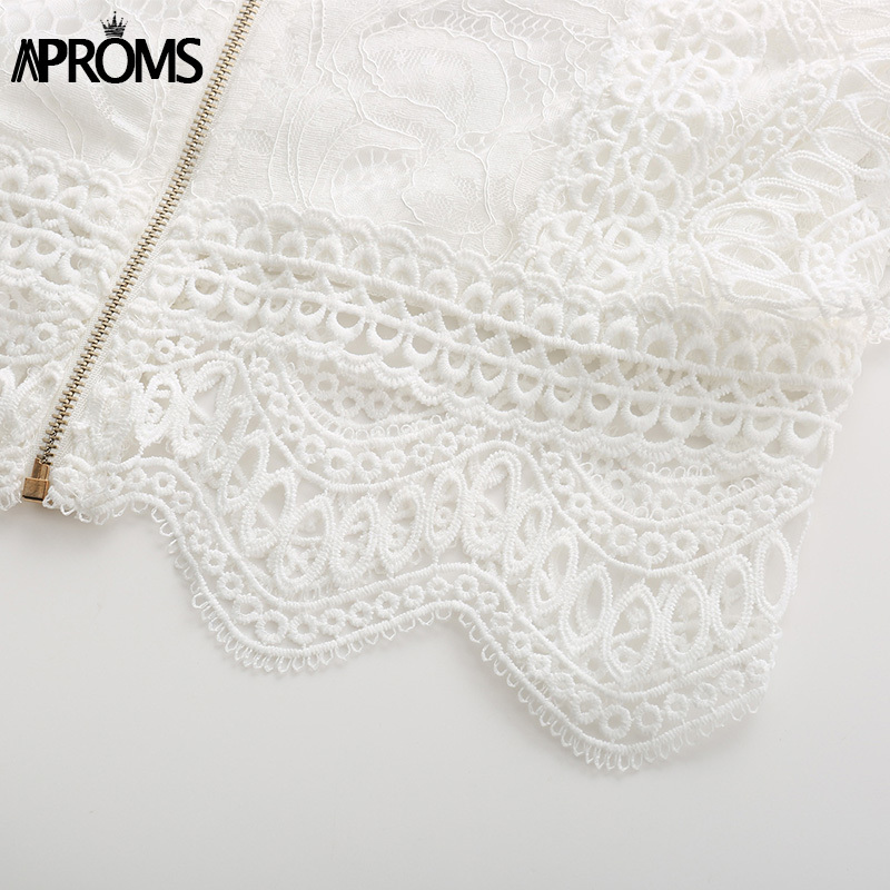 Aproms White Lace Embroidery Cropped Blouse Women Sexy High Neck Back Zipper Hollow Out Shirt Female Summer Streetwear Top 210225