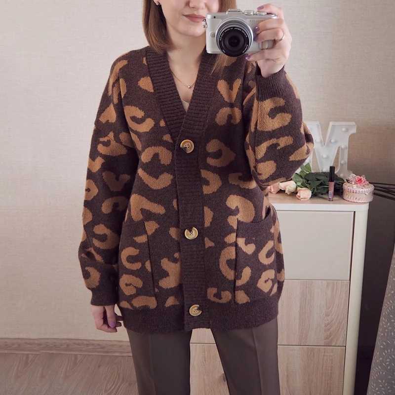 Harajuku Oversized Sweater Autumn Winter Leopard Cardigan Casual Loose Female Knitted Open Stitch V-neck Jumper C-221 210918