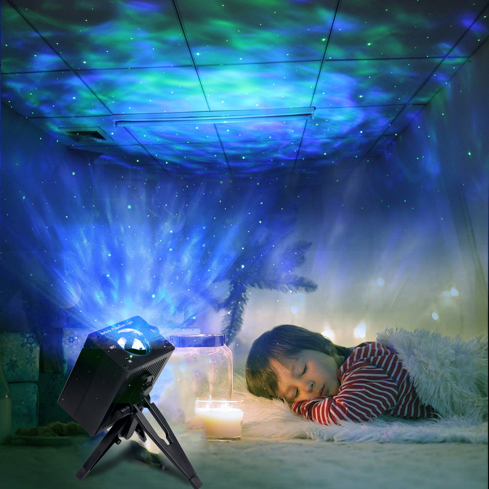 Stary Sky Projector LED Night Light Ocean Waving Lamp 360 Degree Rotation Nebula Atmosphere Lights for Baby Kid Room IR Remote or Voice Control