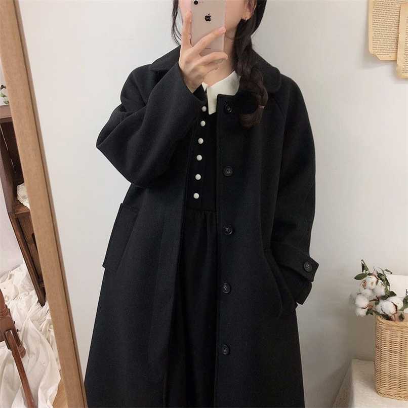 Woolen Coat Women's Mid-length Winter Korean Style Loose and Thin Thickened Over-the-knee Woolen Coat Parkas 211130