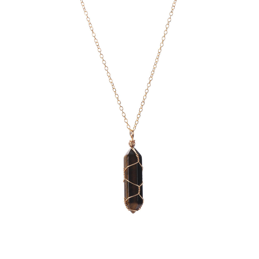 Hexagonal Cylindrical Crystal Necklace Natural Stone Pendant Wire Wrap Necklace for Women Men Fashion Jewelry