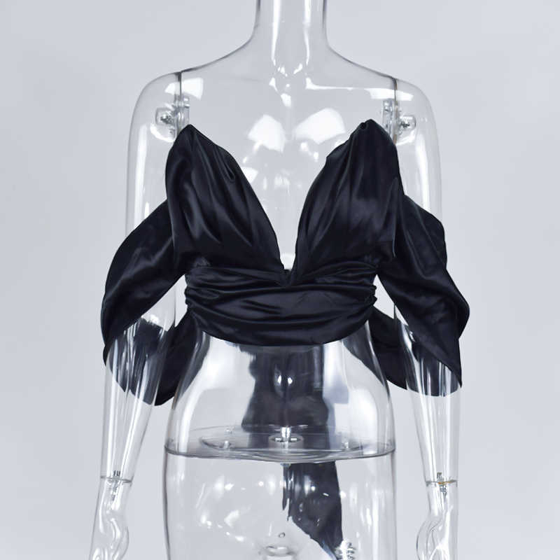Colysmo Black Crop Top Women Summer Satin Tops White Sexy Off Shoulder Deep V-neck Cropped Vintage Bustier Cami Top 210625