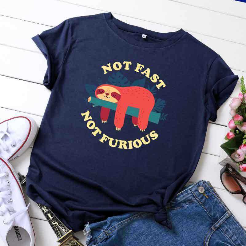 100% Cotton Cute Lazy Sloth Women T-Shirt Casual Loose Short Sleeve Fashion High Street Female Tees S-5XL Plus Size W877 210526