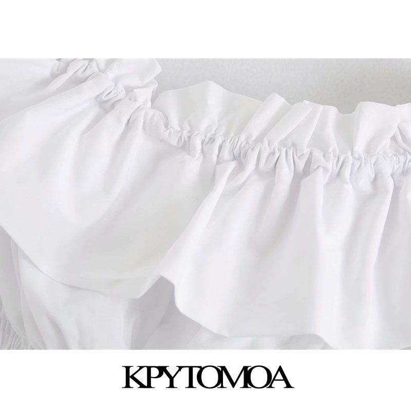 KPYTOMOA Women Sweet Fashion Ruffled Trims Cropped Blouses Vintage Slash Neck Smocked Hem Female Shirts Blusas Chic Tops 210225