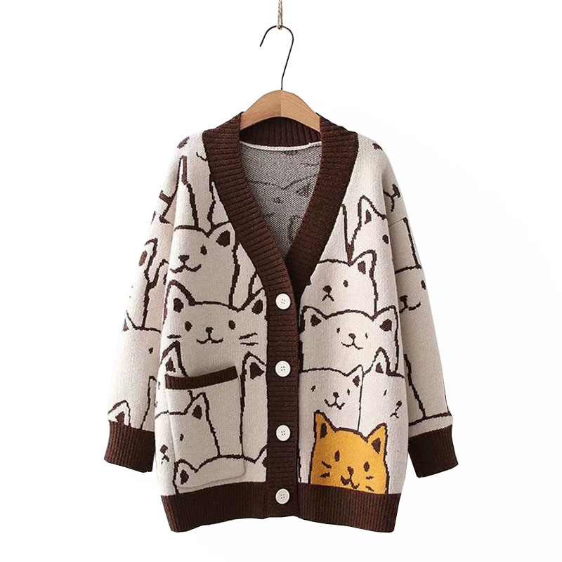new Kawaii Cartoon V Neck Cardigan Women Cute Cat Vintage Knitted Sweater Female Retro Fashion Long Sleeve Knitwear Coats, Brown
new Kawaii Cartoon V Neck Cardigan Women Cute Cat Vintage Knitted Sweater Female Retro Fashion Long Sleeve Knitwear Coats, Brown