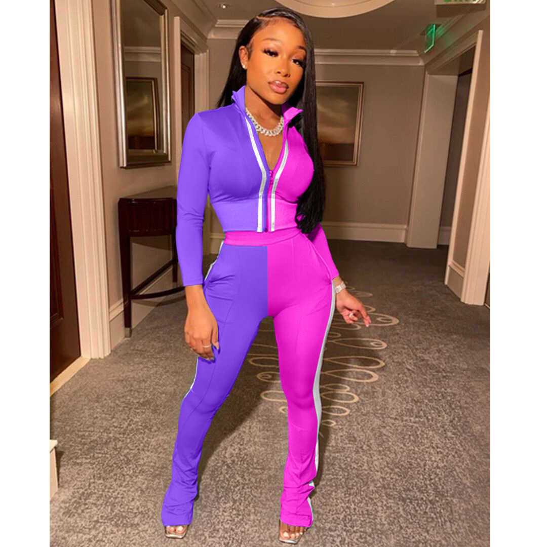 Women Designers Clothes 2023 color block splicing fashion leisure sports ladies tracksuits two-piece set