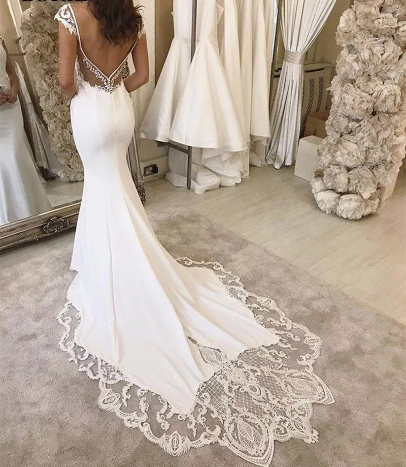 Charming Deep V-Neck Mermaid Wedding Dresses 2022 Cap Sleeve Lace Appliques Backless Formal Satin Bridal Gowns Long Sweep Train Reception Boho Beach B