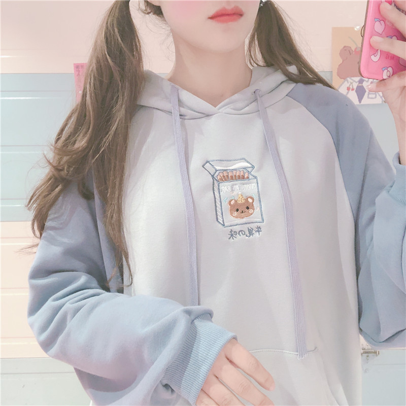Japnaese Soft Girl Cute Cartoon Embroidery Patchwork Hooded Tops Hoodies Small fresh Harajuku Women's Loose Students Sweatshirt 201204