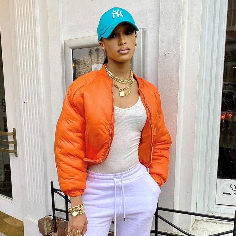 Women's Down & Parkas Winter Orange Puffer Jacket Warm Bubble Coats Zipper Cropped Jackets Women Vintage Outwear Club Outfits