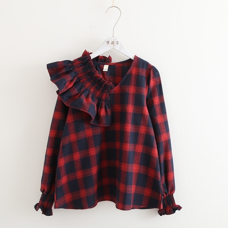 KYQIAO women's plaid shirt mori girls autumn spring v neck puff corrugated edge long-sleeved green red blue plaid blouse 210225