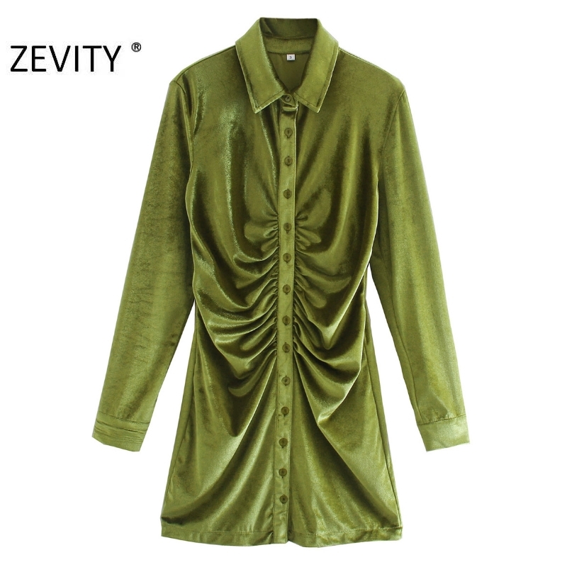 Zevity Autumn Fashion Women Orange Green Color Pleated Single Breasted Slim Shirt Dress Female Long Sleeve Velvet Vestido DS4617 210303