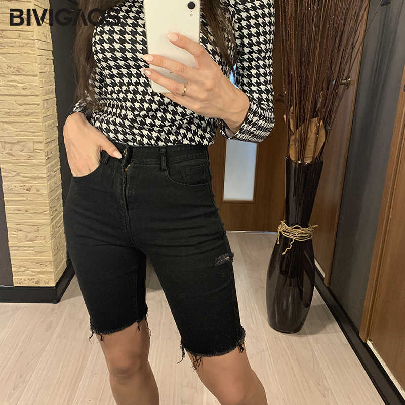 BIVIGAOS Black Elastic Jean Shorts Women Summer Straight High Waist Ripped Hole Short Jeans Casual Denim Biker Shorts 210625