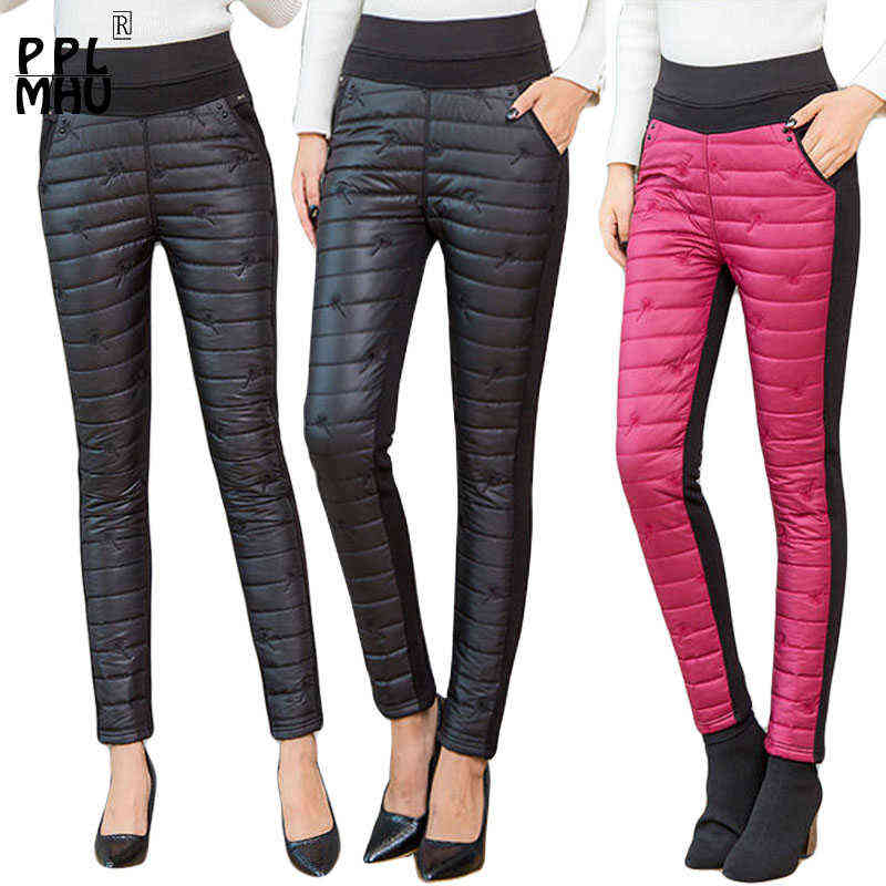 Winter Embroidery Trousers Women Fashion Down Cotton Warm Velvet Pants Mom Snow Wear Thick Straight Large Size Sweatpants 211115
