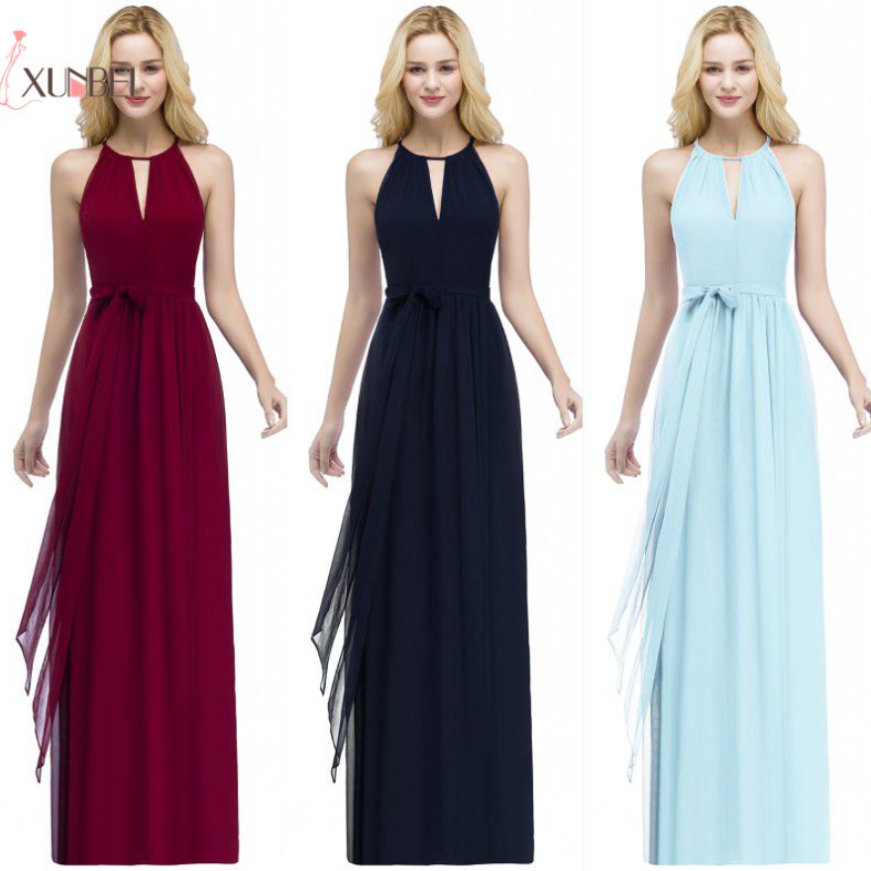 Stock Elegant Evening Dresses Halter Burgundy Navy Blue Long A Line Chiffon Evenin Dresses Formal Party Gown CPS868