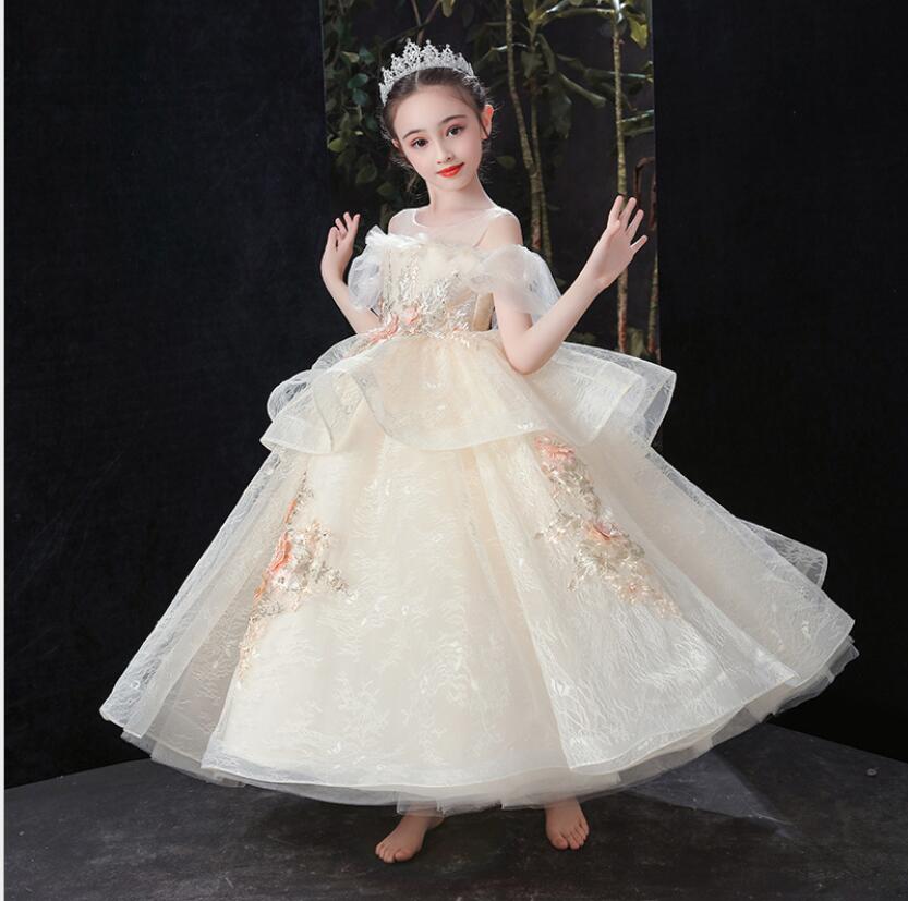 Champagne Girls Kids Wedding Flower Princess Party Pageant Dresses Sequins Appliques Girl Evening Dress Long Vestidos 403