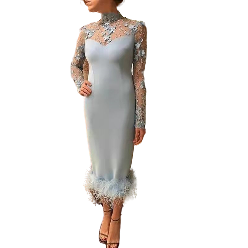Elegant Tea Length Sheath Prom Dresses Light Blue Feather Sheath Formal Evening Gowns HIgh Neck Long Sleeve Floral Applique Women Mother Special Occas