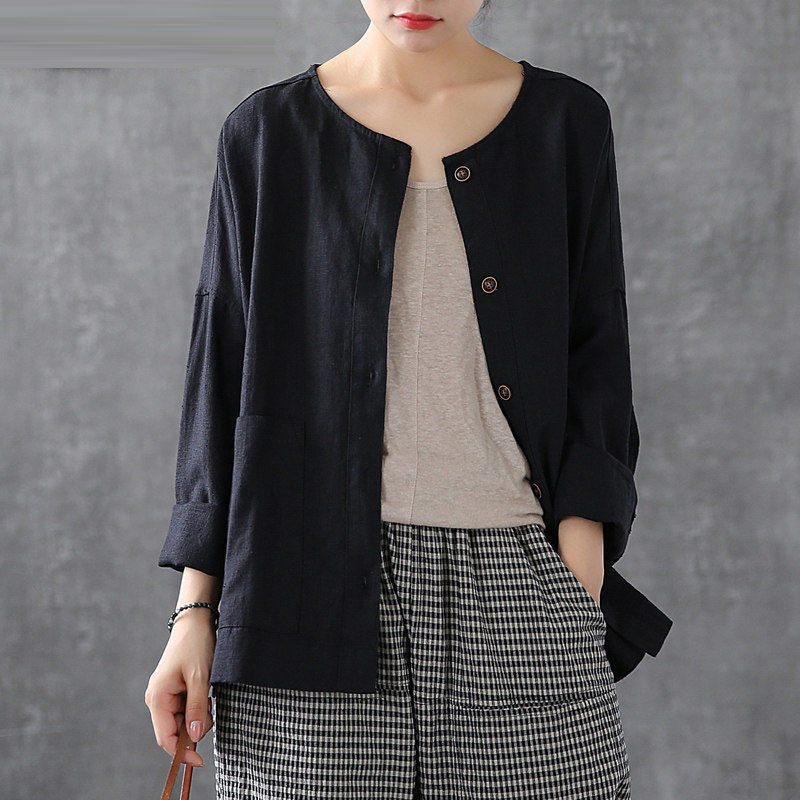Spring Autumn New Arts Style Women Long Sleeve Loose O-neck Shirts Big Pockets cotton linen Casual Blouses Plus Size S791 210225