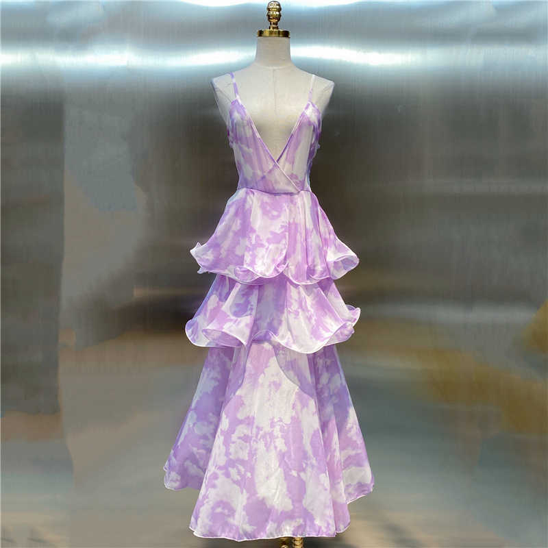 DEAT Women Printing Ruffles Sling Dress V-Neck Arrivals Lady Sexy Backless Temperament Fashion Spring Summer 11D1421 210709