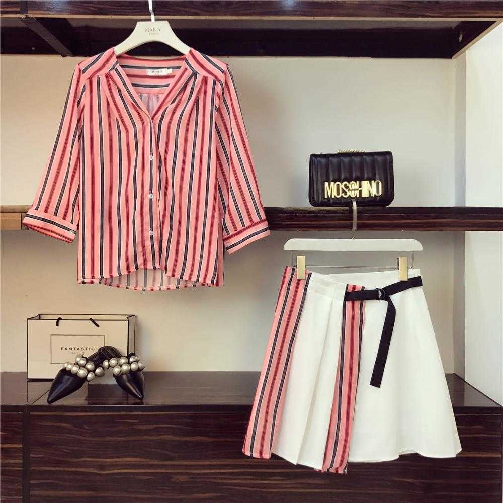 Women 2 Piece Set Summer Striped Chiffon shirt Tops + High Waist Button Mini Skirts Set 210708