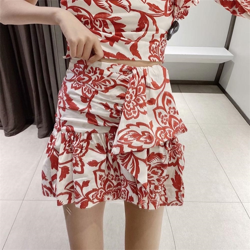 Women sweet tropical flower print pleated mini skirt faldas mujer ladies casual slim side zipper ruffles skirts QUN561 210309