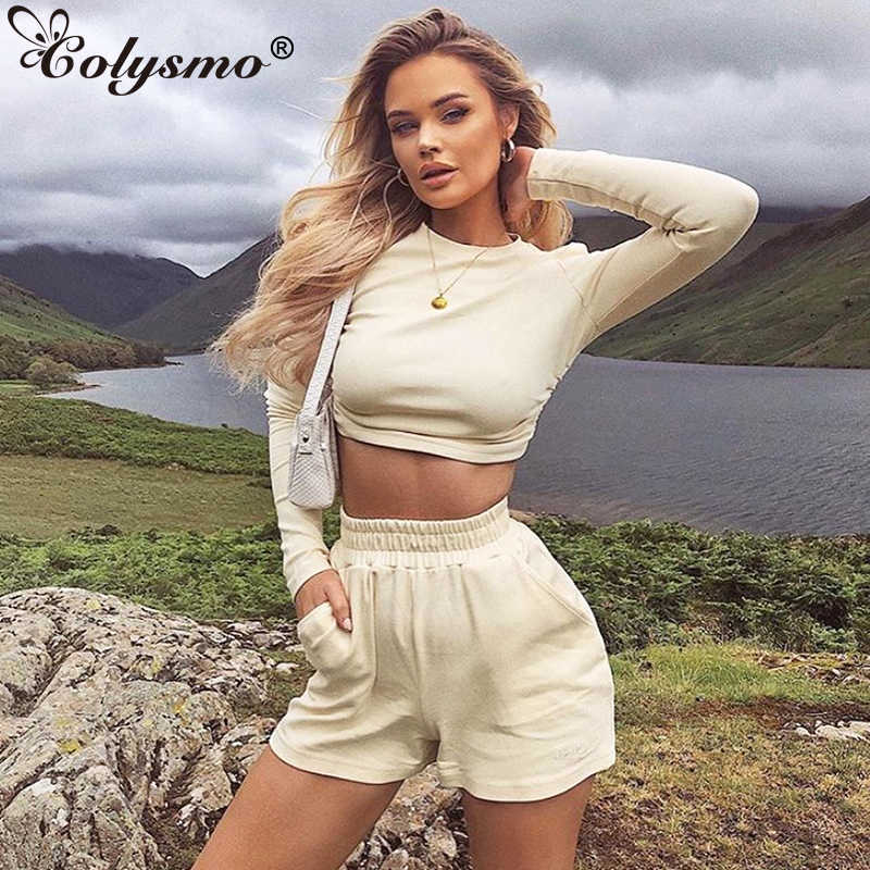 Colysmo Mini Shorts Set Tracksuit Women Summer Back Cut Out Sexy Crop Top Two Piece Womens Solid Casual 2 Clothes 210527