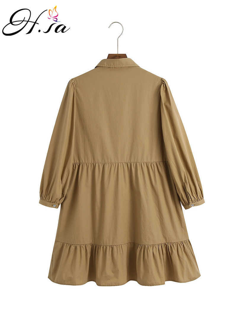 H.SA Ruffles Dress Women Summer Long Sleeve Vestidos Oversized Khaki Pleated Vestidos Pure Cotton Turn Down Collar Dress 210716