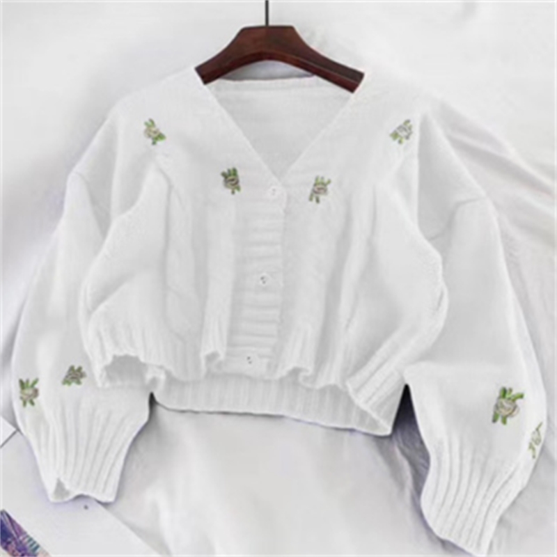 Spring and Autumn V-neck Lantern Sleeve Embroidery Hollow Flowers Gentle Cute Cardigan Women's Knit Fashion Loose Sweater 210602